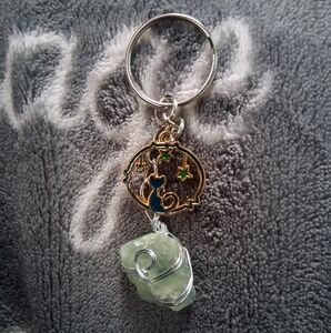Whimsical Cat Keychain with Green Crystal